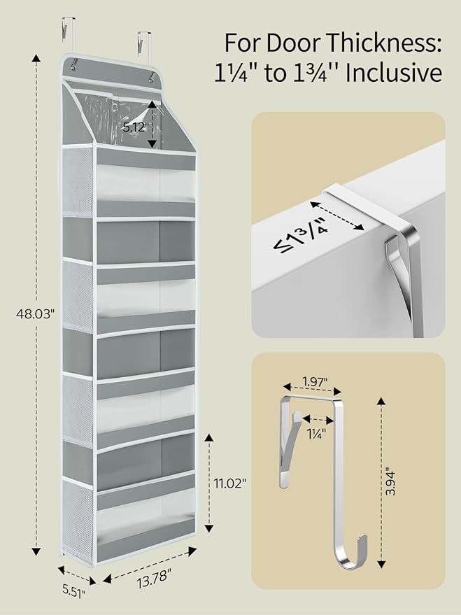 Yecaye 5 Tier 1Pc Over the Door Organizer, Swing-proof Door Organizer Hanging with Clear PVC Windows, Behind the Door Storage for Bedroom Nursery Closet Laundry Pantry Bathroom, Grey