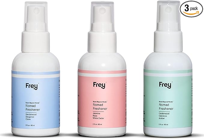 Frey Fabric Freshener Spray – Pack of 3 | Linen Spray Deodorizer for Laundry | Cedarwood, Sandalwood, Jasmine Rose | 2oz Bottles