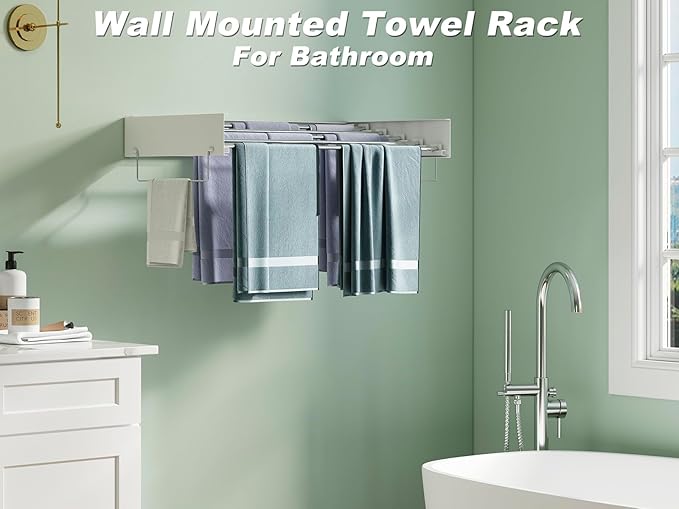 Wall Mounted Hidden Clothes Drying Rack - Pull-Out Laundry Organizer with 5 Stainless Steel Rods - Collapsible & Foldable for Laundry Room/Bathroom - Heavy Duty & Space Saving (31.5", White)