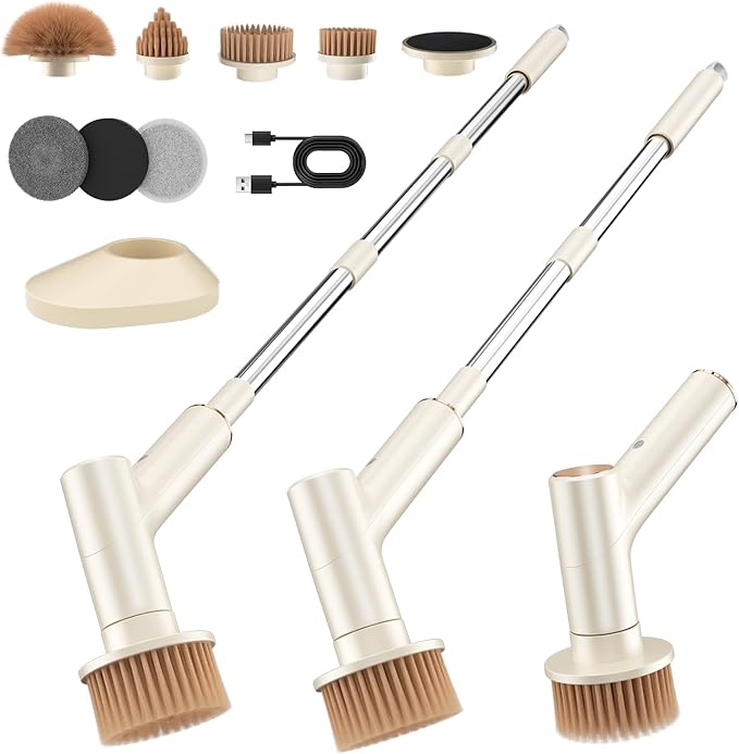 Electric Spin Scrubber, IPX5 Waterproof Bathroom Scrubber with 2 Speeds, Cordless Cleaning Brush with 7 Brush Heads, Adjustable Power Shower Scrubber for Tub Kitchen Floor Car Cleaning