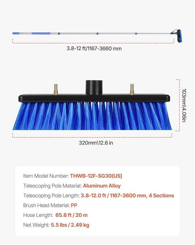 VEVOR Water Fed Pole Kit, 12FT Solar Panel Cleaning Pole with Extendable Handle, 180° Rotatable Brush Head & 65.6FT Hose, Household & Outdoor Window Cleaner Tool for Caravan Solar Panel Deck