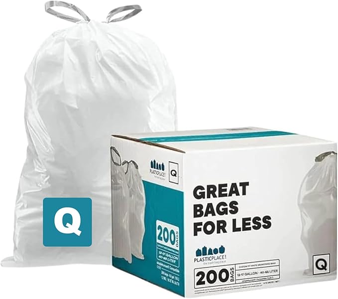 Plasticplace Custom Fit Trash Bags Compatible with simplehuman Code Q (200 Count) Drawstring Garbage Bags 13-17 Gallon White, Tear-Resistant Tall Kitchen Trash Bags for Garbage Cans Recycling 1.2 Mil