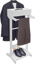 Valet Stand for Man and Women, Wood Suit Rack Suit Valet Stand with Top Tray, Storage Drawer, Bottom Shoe Rack, Freestanding Clothes Rack for Living Room, Entryway, Bedroom, Office, Black (White)