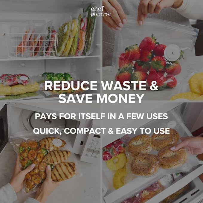 Chef Preserve Reusable Vacuum Sealer Bags for Food – 30 BPA-Free Small (8 x 10 in) Food Storage Bags, Freezer, Microwave – Odor-Resistant, Leak-Proof – Compatible with Chef Preserve Vacuum Sealers
