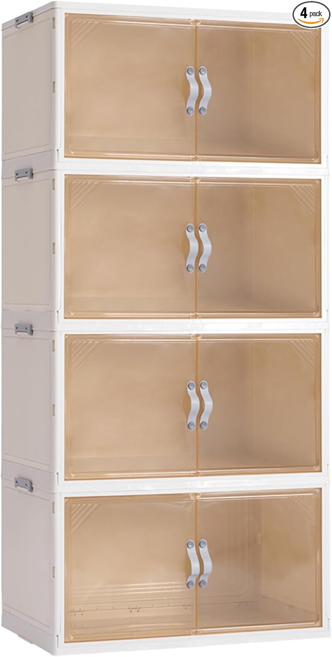 4 Pack Plastic Storage Bins with Drawers - 388QT Foldable Stackable Storage Bins with Lids - Closet Craft Organizers and Storage - Plastic Drawer Storage for Bedroom(97QT×4), 22.8 Gal