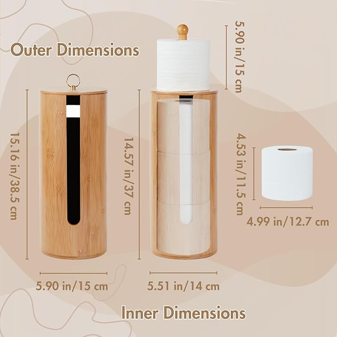 Gobam Bamboo Toilet Paper Storage with Dual-Use Lid, Freestanding Bathroom Tissue Organizer with Viewing Slot, Built-In Handle, Anti-Slip Base, Compact Toilet Paper Holder Stand for up to 3 Mega Rolls