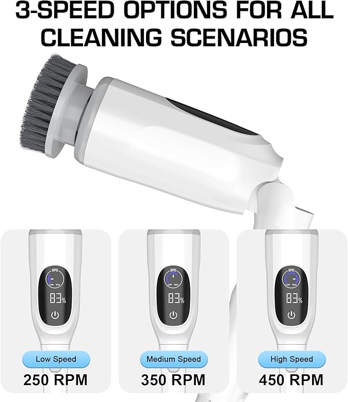 Shower Scrubber, Electric Spin Scrubber with 2025 New Upgraded Motor, User-Friendly Design, 3 Adjustable Angles & Speeds, 8 Brush Heads for Cleaning Bathroom, Cleaning Supplies for Tire, Windshield