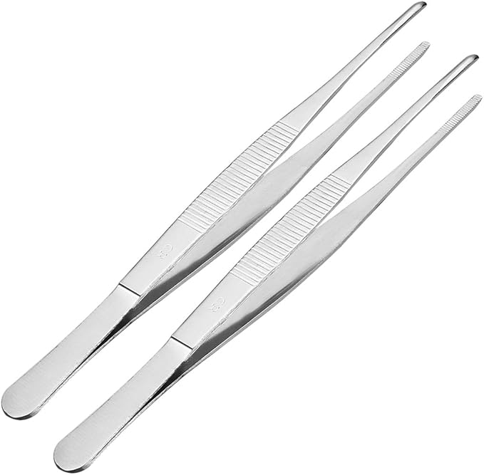 uxcell 2 Pcs 8-Inch Stainless Steel Straight Blunt Tweezers with Serrated Tip Daily Garden Tool