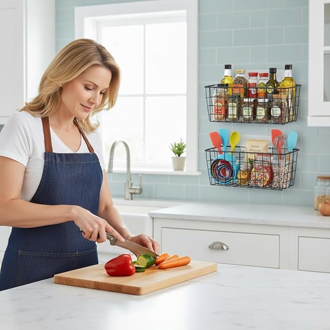 2 Set Adhesive Hanging Wall Basket Inside Cabinet Door Organizer,Wall StorageBasket-No Drilling Adhesive wall Basket for Cupboard Door, Space-Saving Small Hanging Baskets for Wall Mount Storage,Black