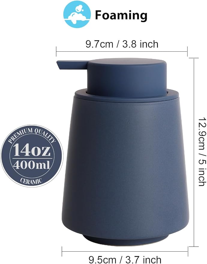 INGOFIN Ceramic Foaming Soap Dispenser -14 oz Foam Hand Soap Dispenser Bathroom, Modern Refillable Dish Wash Bottle for Kitchen with Large Pump, Matte Blue