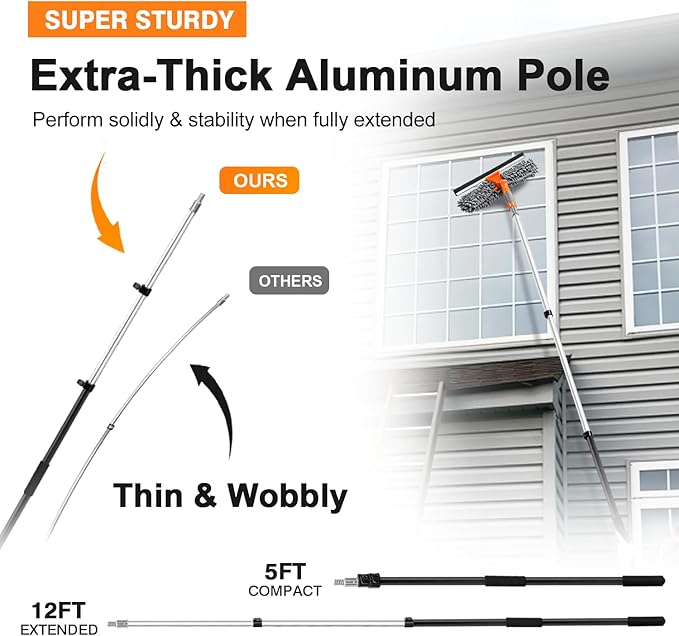 5-12ft Squeegee & 20Ft Reach Window Washer - 14" Extra-Large 2-in-1 Window Cleaner Tool with Extra-Thick Aluminum Telescopic Extension Pole for Indoor/Outdoor, RV, Truck Glass