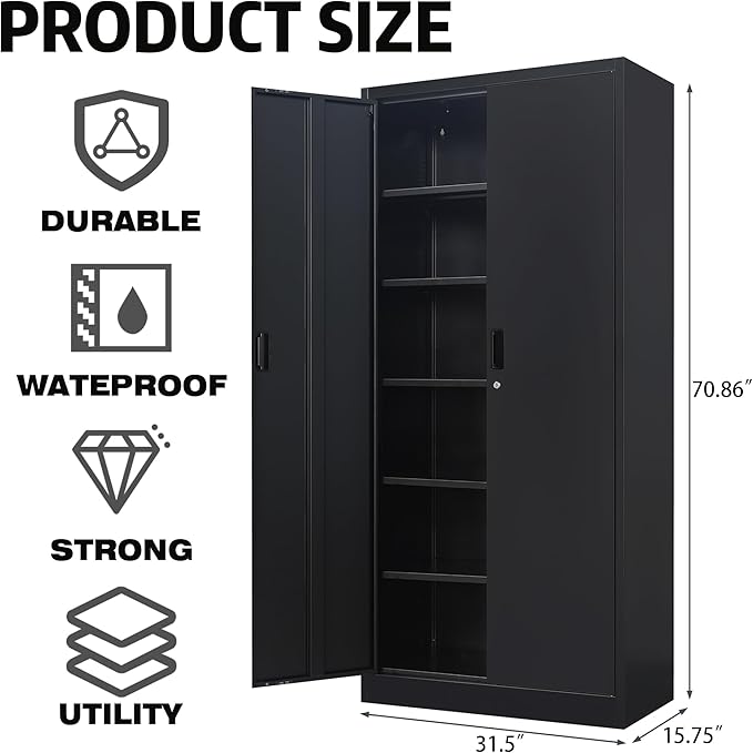 Metal Garage Storage Cabinets,71” Tall Metal File Cabinet with 5 Adjustable Shelves, Lockable Storage Cabinets for Office, Home, Garage, Warehouse 71" H x 31.5" W x 15.8" D (Black)