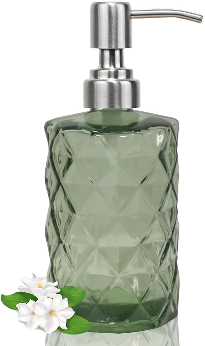 12Oz Green Glass Soap Dispenser with Stainless Steel Pump, Refillable Kitchen Liquid Hand Soap Dispenser with Diamond Design, for Dispense Hand soap, Dish Soap, Lotion, Bathroom, Countertop, Hotel