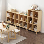IOTXY Open Cube Low Bookcase - 3-Tier Freestanding Storage Display Cabinet Organizer with Legs for Home Office, 9-Cubes Open Shelf Short Bookshelf, Oak