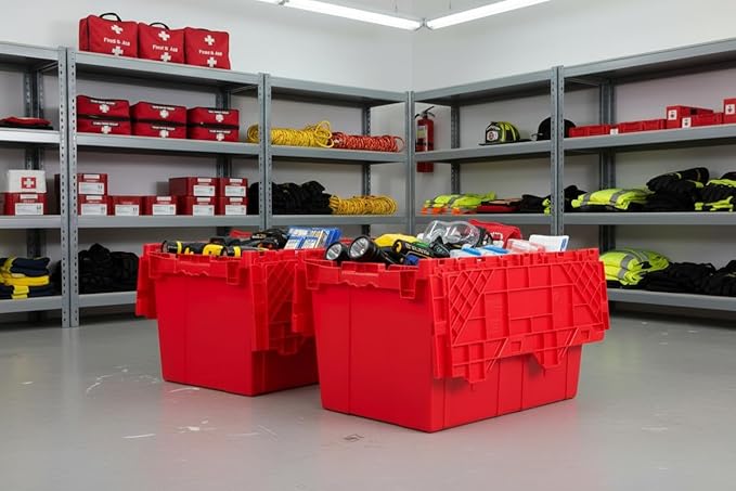 Hudson Exchange 21.9 x 15.2 x 12.8” (3 Pack) Storage Tote Distribution Container with Hinged Attached Lid, Red