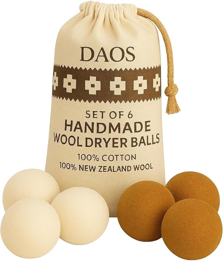 Wool Dryer Balls with Storage Bag – Pack of 6 (3 White + 3 Brown) – 100% New Zealand Wool
