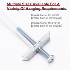 Drywall Anchor with Included Bolts for 3/16”-24, Heavy Duty Hollow Drywall Anchors for TV Mounting Kit, Stainless Steel Hollow Wall Anchors Holds up to 240 lbs Each in 1/2-in Drywall-14 Pack