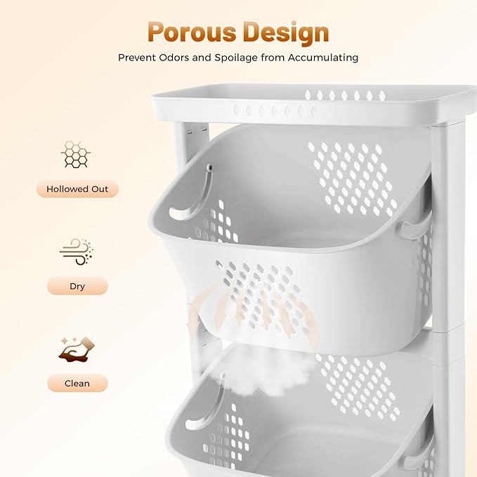 3 Tier Rolling Laundry Basket, Stacked Laundry Basket Organizer, Free Standing Portable Storage Baskets, Rolling Laundry Hamper Cart with 4 Wheels for Clothes, Toiletries, Snacks