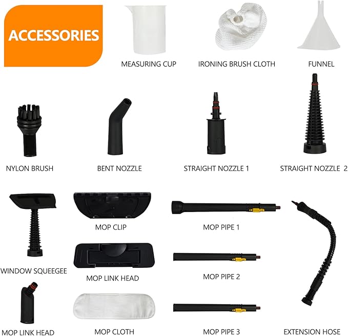 Handheld Steam Cleaner, With 16 Accessories and Safety Lock, Steam Cleaner for Home, Multi-purpose for Cleaning Floors, Dirt, Grease, Grout, Tiles, Floors, Sofas and Car