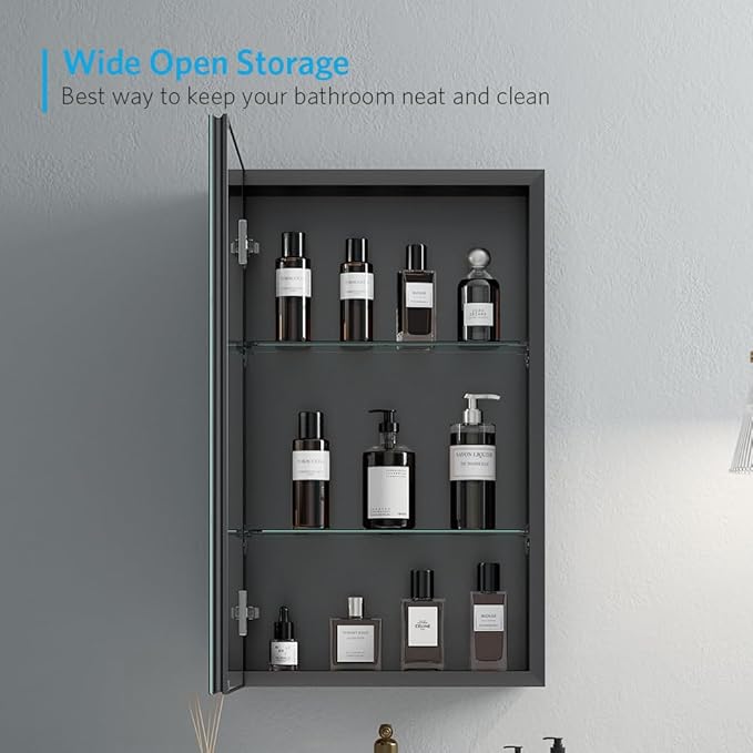 Quavikey Bathroom Medicine Cabinet with Mirror, Aluminum Surface Mount or Recessed Medicine Cabinet Mirror 16x26 Inch, Black