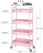 TOOLF 4-Tier Metal Rolling Cart with Wheels, Storage Utility Organizer Cart for Kitchen, Bathroom, Office, Baby Essentials & Makeup - Lockable Casters, Easy Assembly, 132 lbs Capacity, Pink