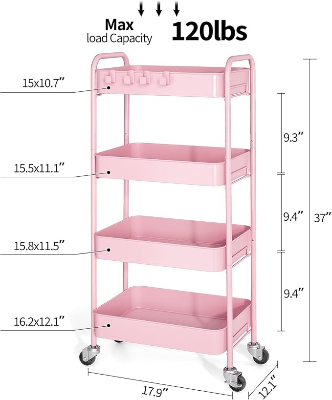 TOOLF 4-Tier Metal Rolling Cart with Wheels, Storage Utility Organizer Cart for Kitchen, Bathroom, Office, Baby Essentials & Makeup - Lockable Casters, Easy Assembly, 132 lbs Capacity, Pink