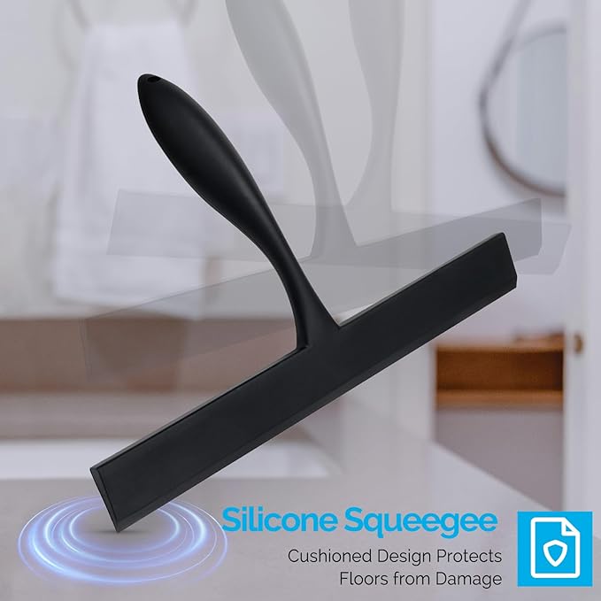 FY&XZH Never Rust Silicone Shower Squeegee for Glass Doors with Hook, Bathroom Cleaner Tool, Household Window and Mirror Squeegee, Ergonomic Thick Handle Squeegee for Shower Glass, 11-Inch (Black)