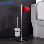 Freestanding Toilet Brush and Paper Holder Set Superior Hotel Luxury Style Join Roll Paper and Toilet Brush Non-Skid Sturdy Floor Stand Brass Chrome with White Ceramic Cup