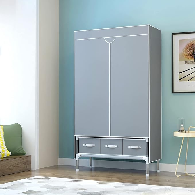 Portable Clothes Closet Rolling Door Wardrobe with Hanging Rack Non-Woven Fabric Storage Organizer with Three Drawer Boxes No-Tool Assembly - 35.4 x 17.7 x 67.0 ‘’ (Gray)