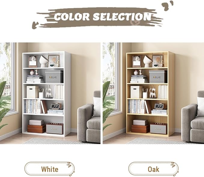 Basic Open Shelf Bookcase - 5-Tier Wooden Cube Storage Shelves Split Bookshelf, White