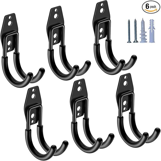 Heavy Duty Garage Hooks 6 Pack, J Shaped Hanger, Wall Mounted Storage System, Power and Garden Tool Organizer, for Hanging Ladders, Bikes Tires, Hose, Bulk Items