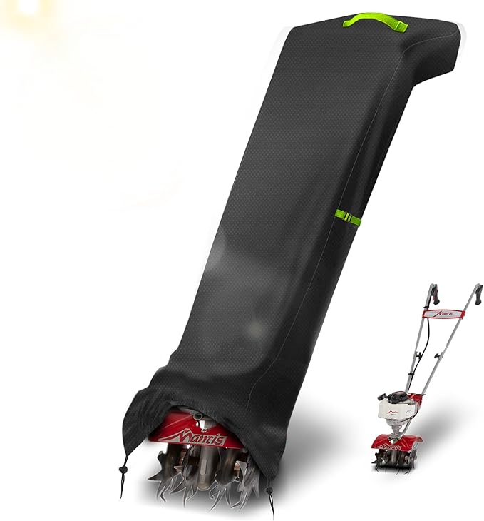 Tiller Cover, Rototiller Covers, 420D Silver-Coated Waterproof Fabric, Adjustable Drawstring Hem, Green Handle & Rear Waist Band – Fits Most Tillers (Black, Cordless Tiller Cover)