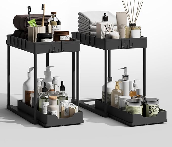 Under Sink Organizer 2 Pack,Bathroom Under Cabinet Storage with Pull Out Sliding Drawers for Kitchen Organization,12.8 Inch,Black