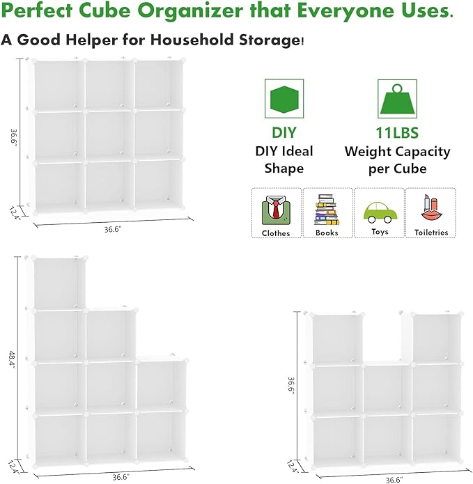 C&AHOME Cube Storage, 9-Cube Bookshelf, Plastic Closet Cabinet Organizer, DIY Stackable Bookcase, Modular Shelving Units Ideal for Home, Office, Kids Room, 36.6" L x 12.4" W x 48.4" H Milky UPCS09M