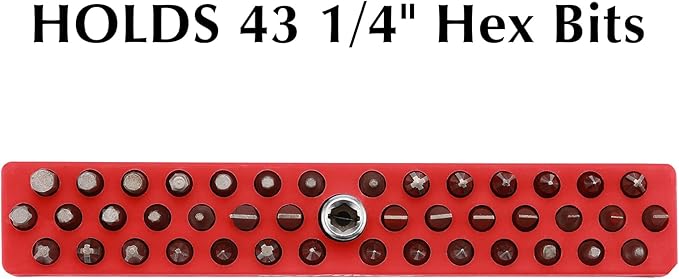 EMENTOL 1/4" Magnetic Bits Holder - Red, 43PCS Hole, Bit Organizer with Strong Magnetic, Magnetic Bits Organizer