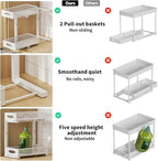 Under Sink Organizer, 2-Tier Pull Out Cabinet Organizer with Adjustable Height, Use in Kitchen Bathroom Cabinet and Countertop Storage, White