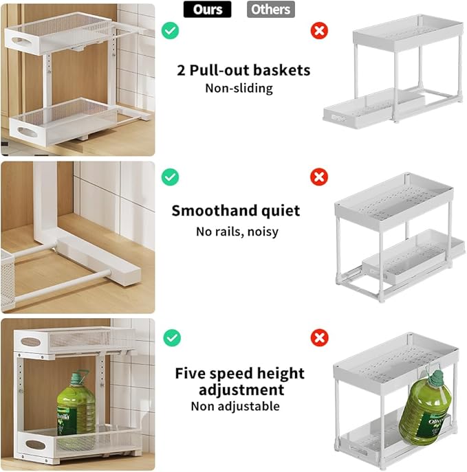 Under Sink Organizer, 2-Tier Pull Out Cabinet Organizer with Adjustable Height, Use in Kitchen Bathroom Cabinet and Countertop Storage, White, 2-Pack