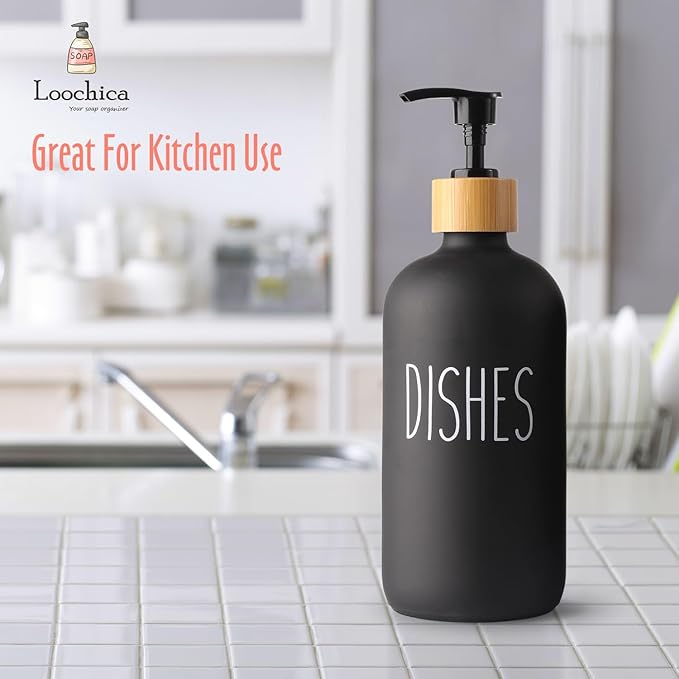 Black Glass Kitchen Soap Dispenser, Detergent Dispenser or Dish Soap Dispenser for Kitchen Sink, Black Soap Dispenser, Modern Farmhouse Decor Dish Soap Pump for Kitchen Organization