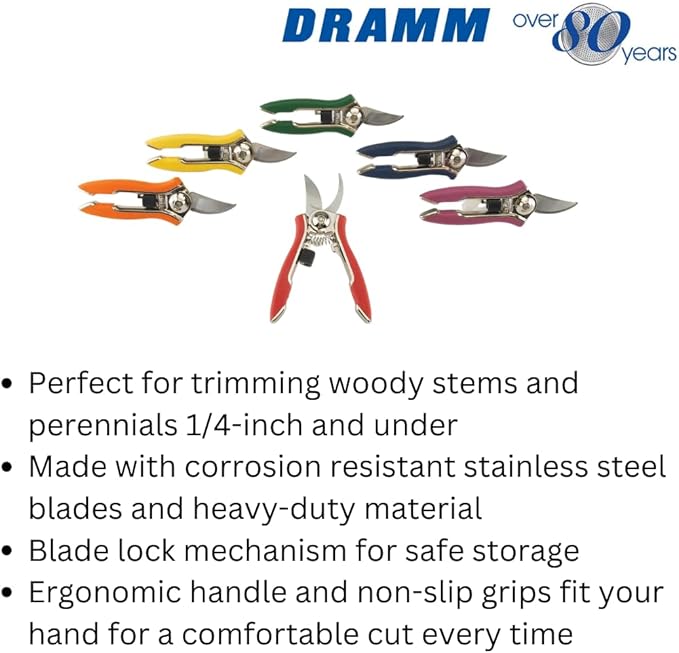 Dramm ColorPoint Stainless Steel Compact Garden Pruning Shears, Hand Pruner, Garden Clippers, with Heavy Duty Blade and Easy grip Handle, Yellow