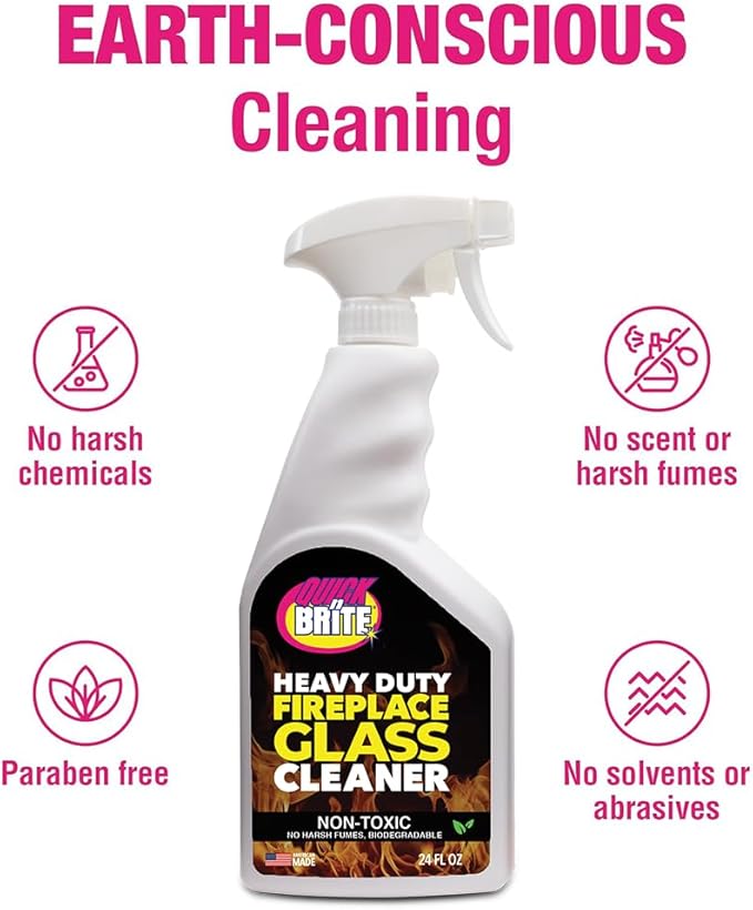 Quick N Brite Fireplace Glass Cleaner 24oz, Nonabrasive Cleaning Spray for Fireplace Glass, Oven Glass, Glass Cooktops, Ceramic-Glass, Microwave Glass