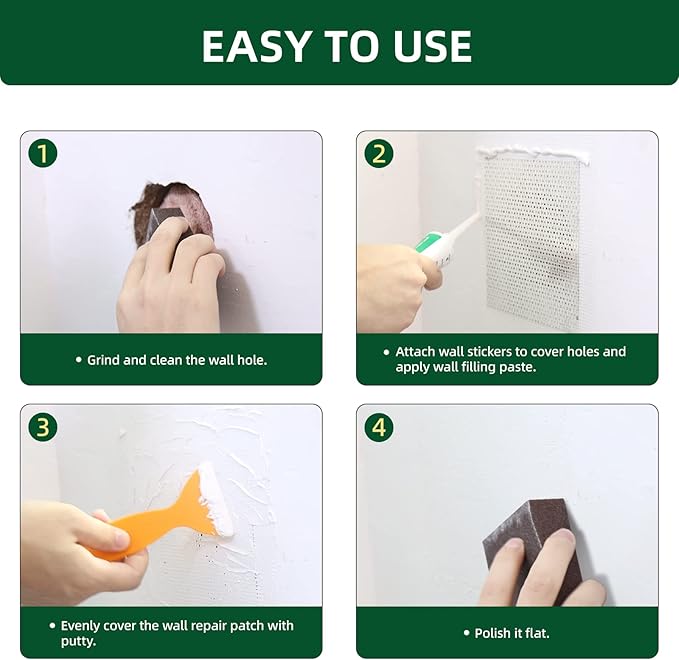 Drywall Repair Kit | 500g Safe Wall Mending Agent | 6pcs Wall Patches | Reusable Frosted Block | Scrapers | Easy Hole Filling for Aluminum, Metal, Plaster, Sheetrock & Ceiling