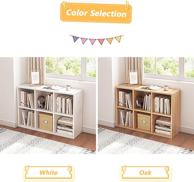 6 Cube Organizer Bookcase - Fabric Storage Bins Container, Open Shelf Simple Compartments Bookshelf, Oak