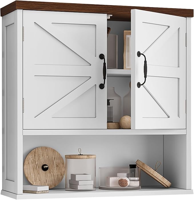 Bathroom Wall Cabinet with Barn Doors, Wall Mounted Bathroom Cabinet, Farmhouse Style, Adjustable Shelf, Wall Mounted Medicine Cabinets, 23.6 x 7.9 x 23.9 Inches