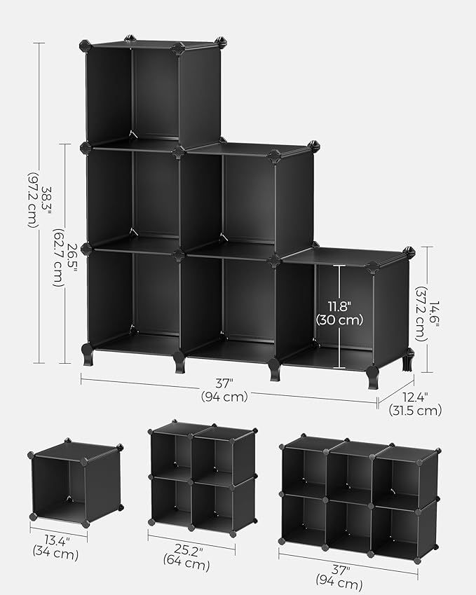 SONGMICS 6 Cube Storage Organizer, Modular Bookshelf, DIY Closet Organizers and Storage, Plastic Stackable Shelves, 11.8 x 11.8 x 11.8 Inch Cubes, with Feet and Rubber Mallet, Black ULPC06H