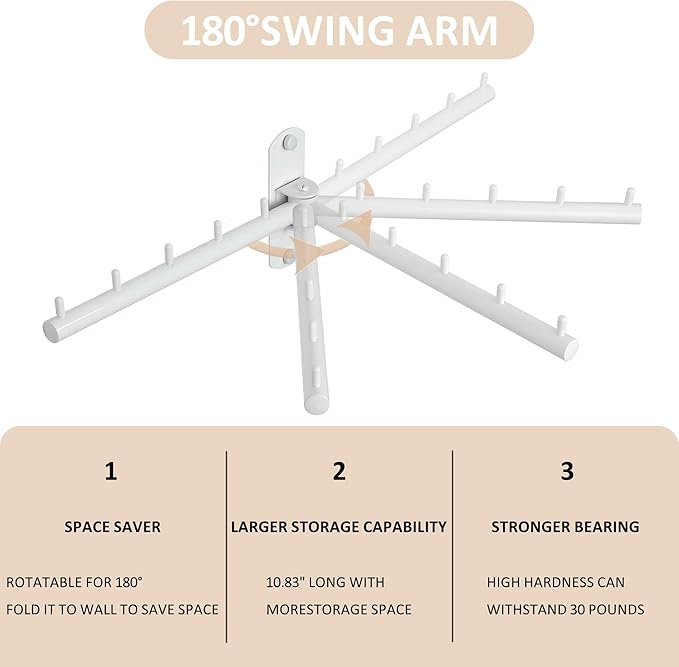 Swing Clothes Hanger Rack,Garment Racks Wall Mounted Clothes Bar-Hanger Holder Hooks Heavy Duty Folding Drying Rack Space Saving Clothing Hanging System Closet Storage Organizer,White Finish