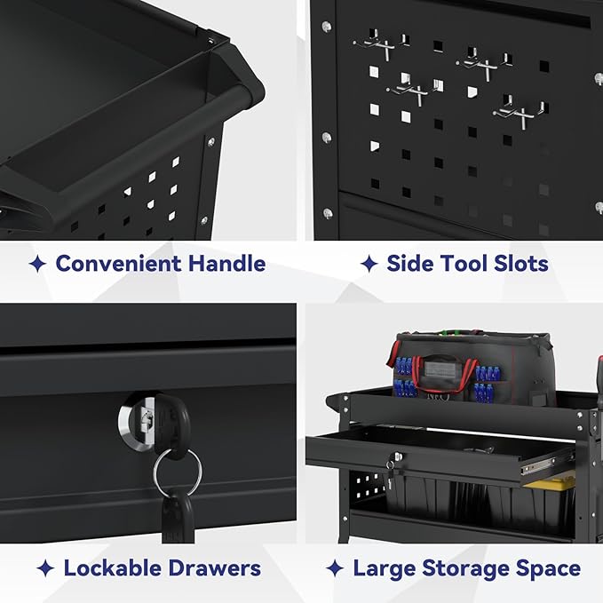 3 Tier Rolling Tool Cart with Drawer, 450 LBS Heavy Duty Utility Cart on Wheels, Service Cart for Garage, Workshop and Warehouse (Black)