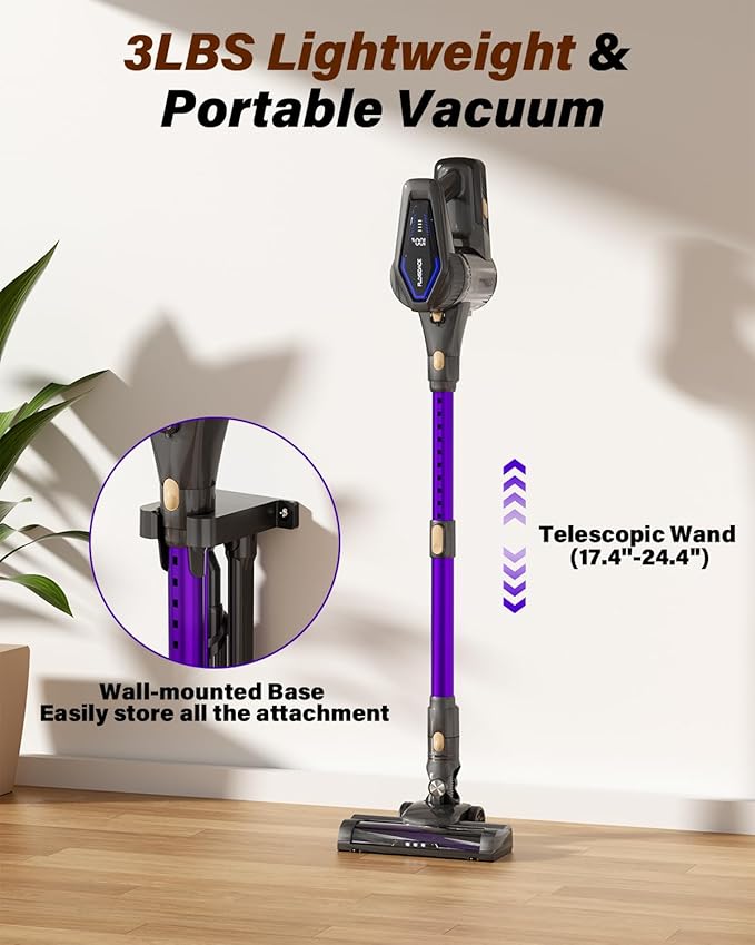 Cordless Vacuum Cleaner, 450W/45KPA Self-Standing Stick Vacuum, Lightweight Handheld Vacuum with LED Screen, Rechargeable Vacuum for Home, Hardwood, Carpets, Pet Hair, Car (Purple)