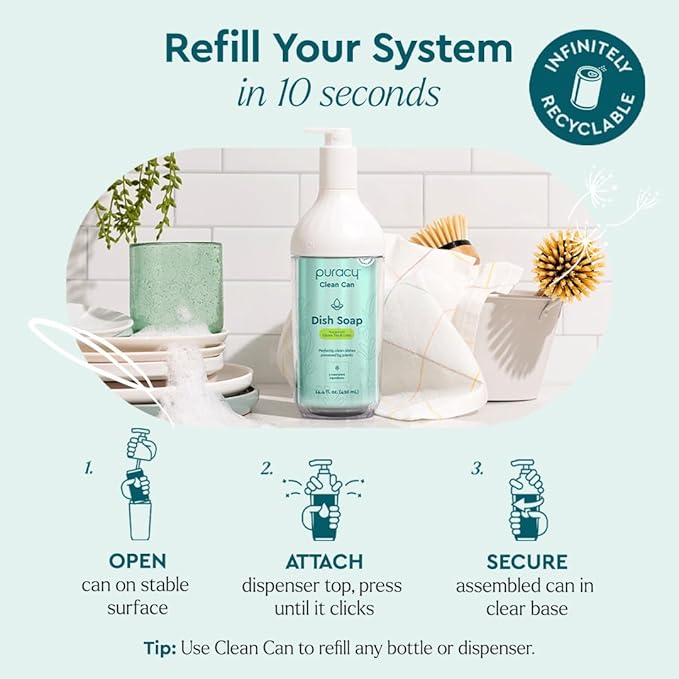 Puracy Natural Dish Soap Clean Can Starter Set - Plant-Based Dishwashing Soap, Non-Toxic Dish Soap, Natural Liquid Dishwashing Detergent Soap As Seen on TikTok (Green Tea & Lime, 14.4 fl oz)