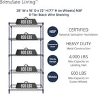36"x18"x72" Prime Heavy Duty Black 5-Tier Wire Shelving NSF 4000 LBS MAX Capacity Storage Rack for Commercial, Hospital, School, Garage, and Kitchen Uses (with Wheels)