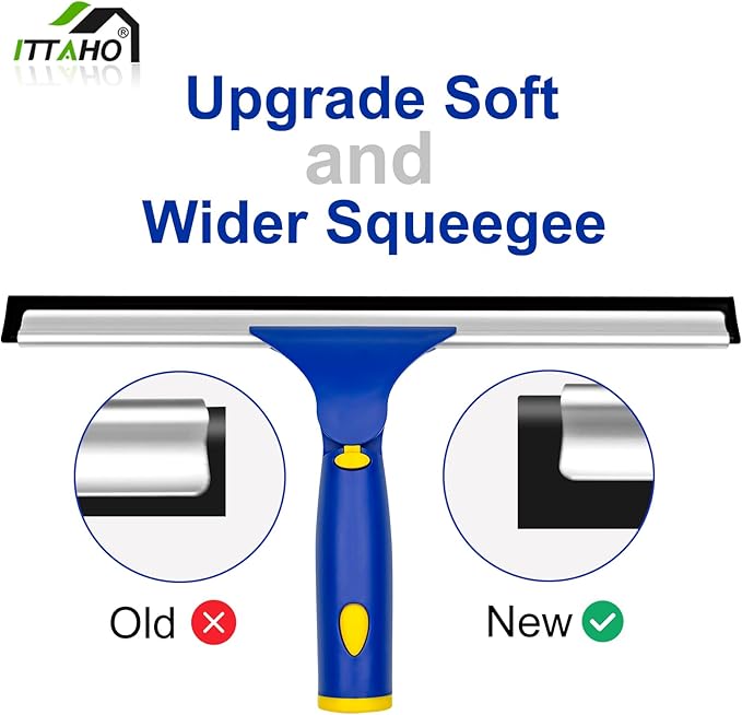 ITTAHO Squeegee for Window Cleaning,12" Squeegee and 11" Microfiber Scrubber Combi with Stainless Steel Pole,Extendable Window Cleaner for Car,Sliding Door,Shower Glass Door-Swivel Style-2 Pads